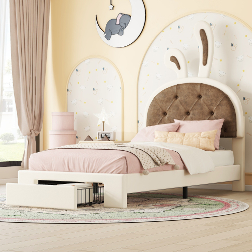 90*200cm Kinderbett, Flachbett, Cartoon Hasenform, Bettkasten, PU Material
