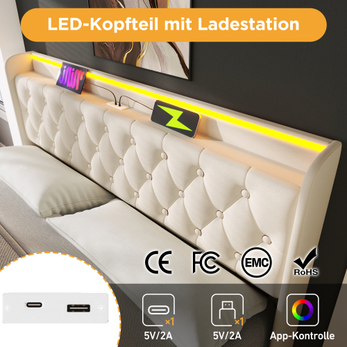 Polsterbett Doppelbett, 360-Surround-LED-Funktion, Drucktaste/App/Fernbedienung, 140*200 cm, weiß PU-Material Hydraulisches Lagerbett, gepolstertes Kopfteil mit USB Typ-C Ladefunktion (Ohne Matratze) 