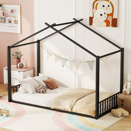 Flachbett, Eisenrahmenbett, Kinderbett, Hausleiste, Schwarz 