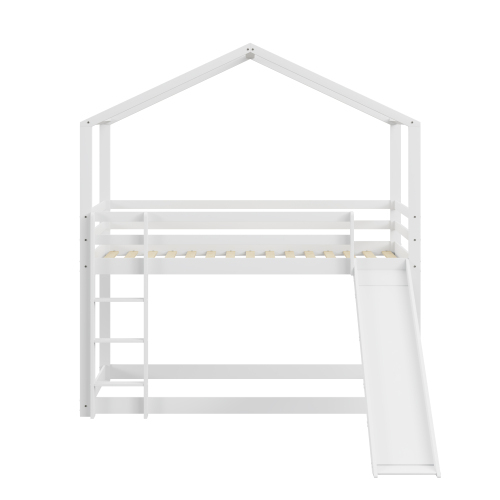 Kinderbett Hausbett, Niedriges Etagenbett mit Rutsche, Massivholz-Etagenbettrahmen mit Lattenrost 