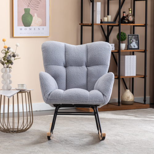 Mid Century Modern Teddy Fabric Tufted Upholstered Rocking Chair Padded Seat For Living Room Bedroom