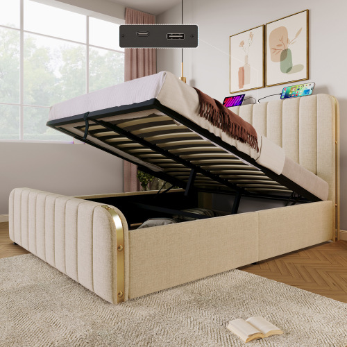 Gepolstertes Doppelbett aus Leinen-OKWISH