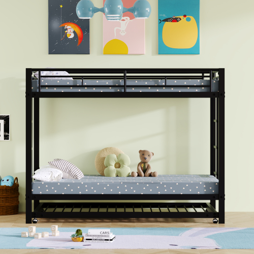 90*200cm Etagenbett, Eisenrahmenbett, Kinderbett, ausgestattet mit Ausziehbett, hohe Geländer, EN747 zertifiziert, robuste Konstruktion, schwarz 
