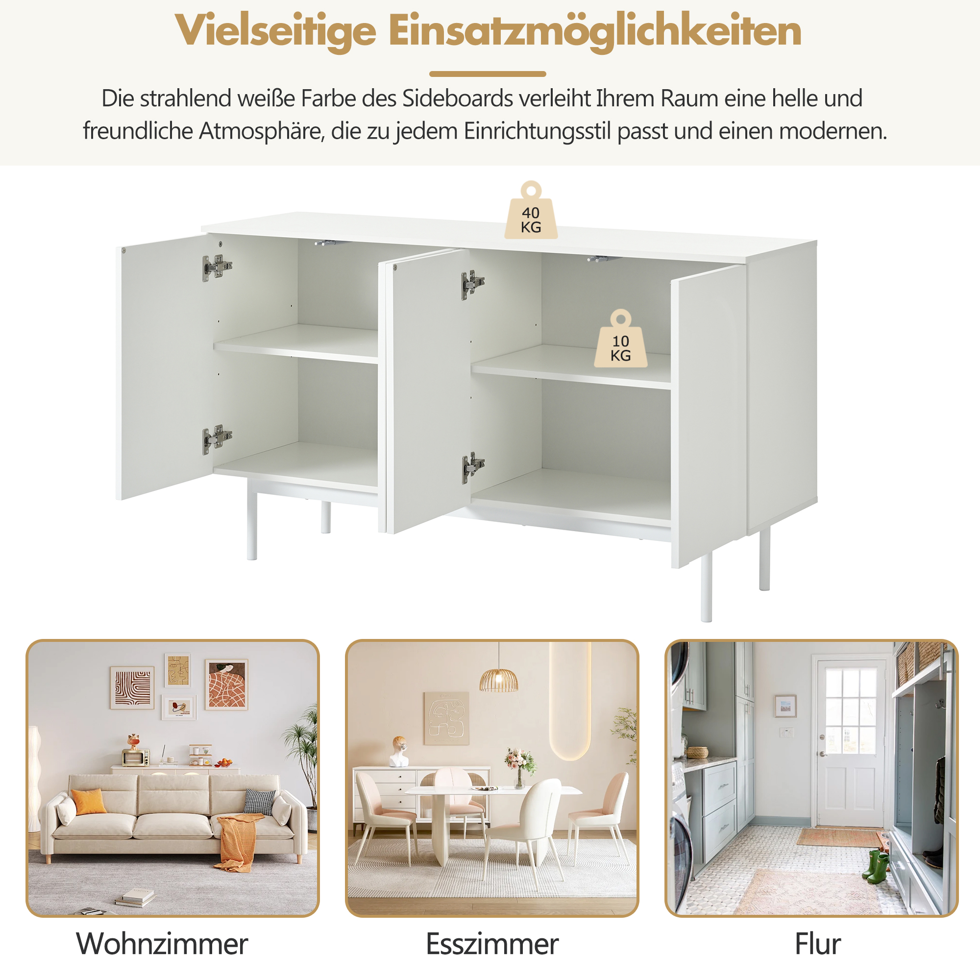 Buffet Bahut Moderne 120×35×71cm - OKWISH - 4 Portes, Espace de Rangement et Plateau Réglable - Blanc - Contemporain
