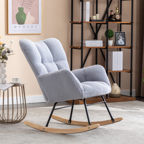 Mid Century Modern Teddy Fabric Tufted Upholstered Rocking Chair Padded Seat For Living Room Bedroom