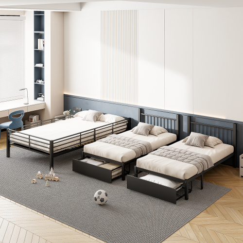 Dreifaches Etagenbett mit Schubladen, Metallbettrahmen, multifunktionales Metallrahmenbett 