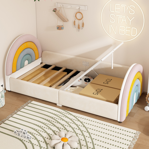 Kinderbett, Polsterbett, Regenbogenform, Lattenrost hochklappbar, großer Stauraum, Regenbogenfarbe 
