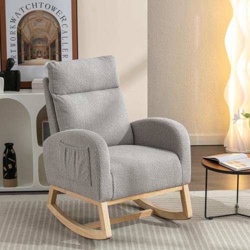 Mid Century Modern Teddy Fabric Upholstered Rocking Chair Padded Seat For Living Room Bedroom