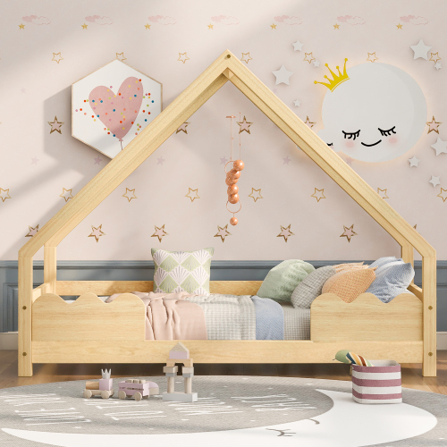 Hausbett Kinderbett mit Rausfallschutz Spielbett Jugendbett Massivholz in Natur