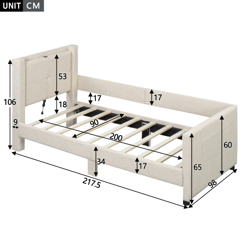 90*200cm Flachbett, gepolstert, mit USB-Anschluss, minimalistisches Design