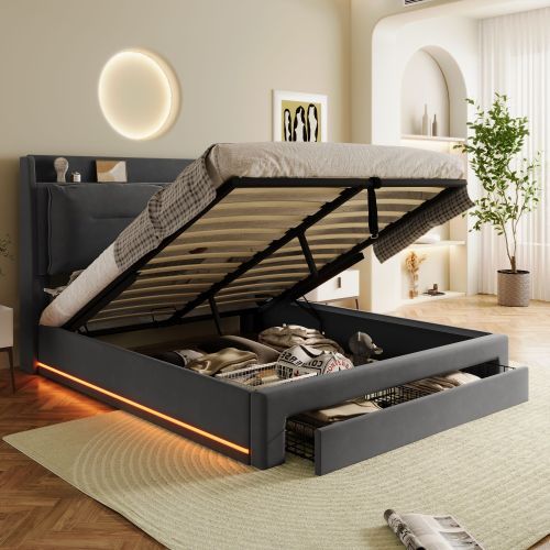 Mit LED-Licht gepolstertes hydraulisches Bett-OKWISH
