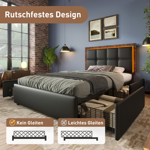 Bettgestell mit LED-Beleuchtungsleiste und 4 Schubladen, Höhenverstellbarem Kopfteil, Funktionsbett