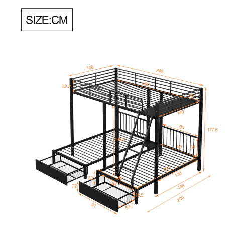 Dreifaches Etagenbett mit Schubladen, Metallbettrahmen, multifunktionales Metallrahmenbett 