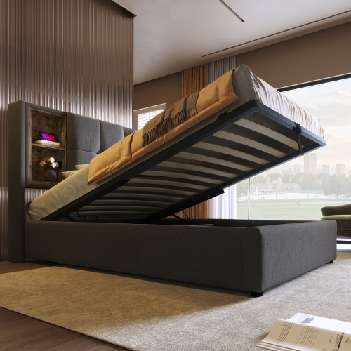 Doppelbett mit Kabellosem Laden USB , Bettgestell mit Stauraum Lattenrost aus Holz-Grau Baumwolle 