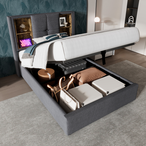 Doppelbett mit Kabellosem Laden USB , Bettgestell mit Stauraum Lattenrost aus Holz-Grau Baumwolle 