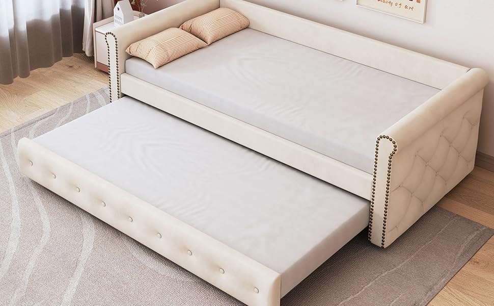 Kinderbett、Jugendbett、90x200 cm、Polsterbett、Ausziehsofabett