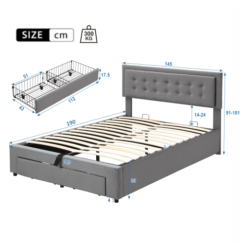 Bett mit Kasten und Schubladen, Samtstoff, Polsterbett, Lattenrost, Doppelbett, großer Stauraum