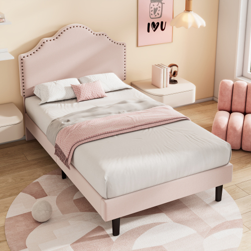 Elegantes, geschwungenes rosafarbenes Einzelbett, verziert mit exquisiten Nieten-OKWISH