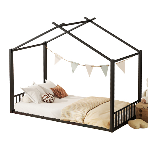 Flachbett, Eisenrahmenbett, Kinderbett, Hausleiste, Schwarz 