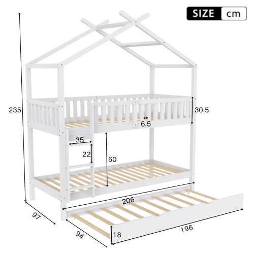 Hausbett Kinderbett Jugendbett, drei Betten, Ausziehbar, Platzsparendes Design