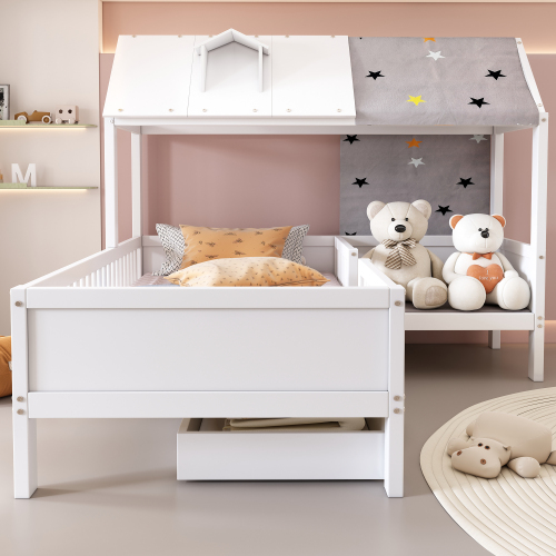 Hausförmiges Kinderbett aus Holz, Einzelbett, multifunktional, mit Zeltstoff & Kissen