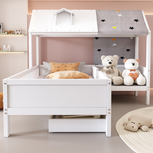 Hausförmiges Kinderbett aus Holz, Einzelbett, multifunktional, mit Zeltstoff & Kissen