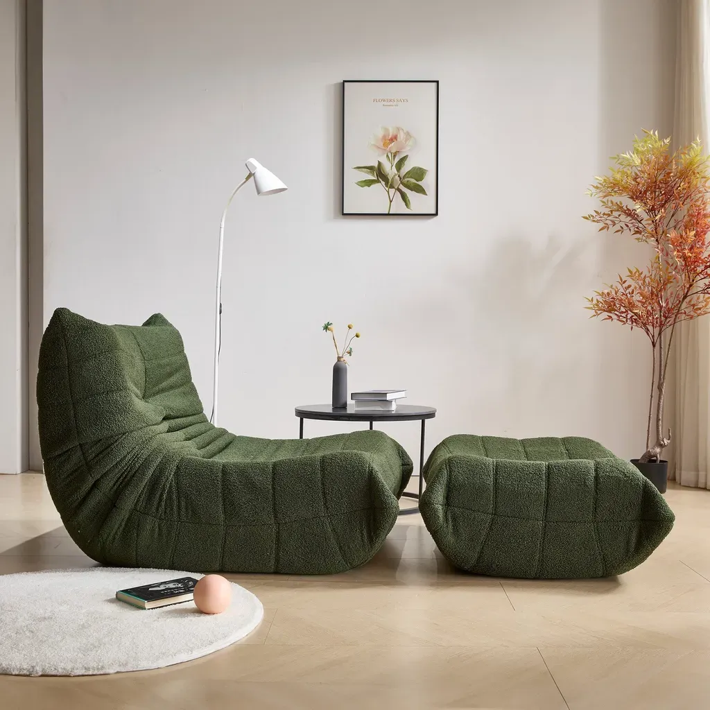 Relax Sessel Sofa Set – Faltbares Schlafsofa mit Rückenlehne & Fußstütze aus Teddystoff, Grün, für Wohnzimmer & Meditation