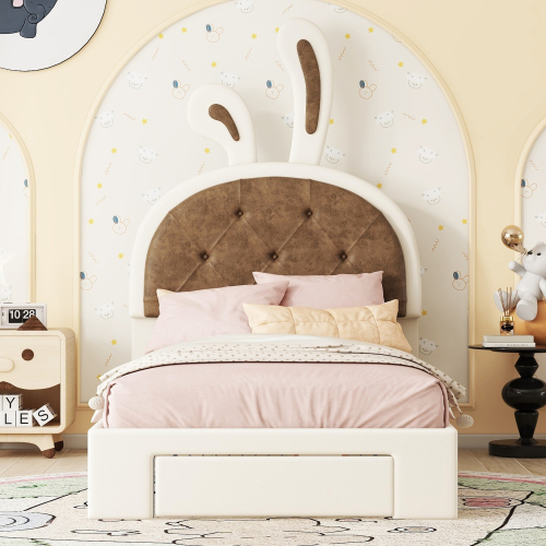 90*200cm Kinderbett, Flachbett, Cartoon Hasenform, Bettkasten, PU Material