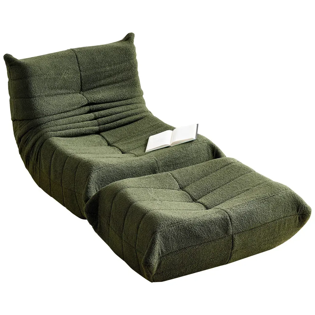 Relax Sessel Sofa Set – Faltbares Schlafsofa mit Rückenlehne & Fußstütze aus Teddystoff, Grün, für Wohnzimmer & Meditation
