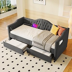 Polsterbett Daybett Schlafsofa Stauraumbetten Bettgestell mit USB Type C 2 Schubladen 90x200cm