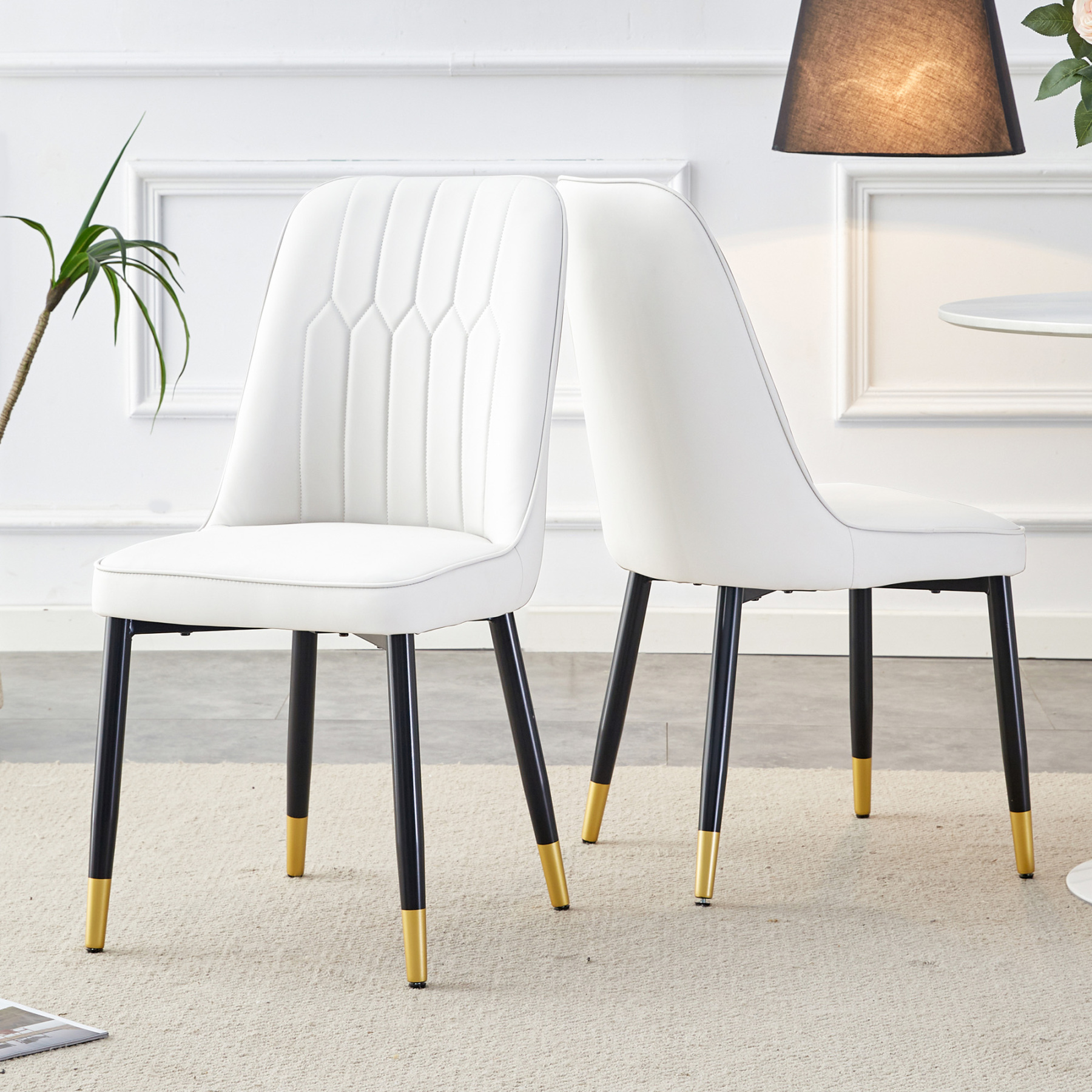 OKWISH White PU Dining Chairs Set with Black Metal Legs