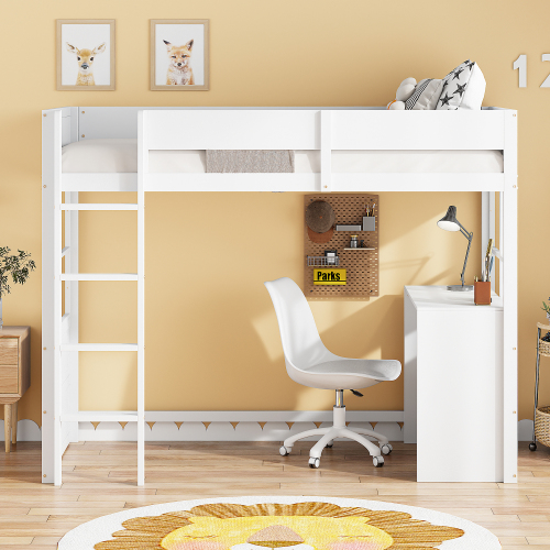 Hochbett aus Holz 90*200cm, Sicherheitstreppe, mit Tisch, hohes Zaundesign, Einzelbett, Kinderbett