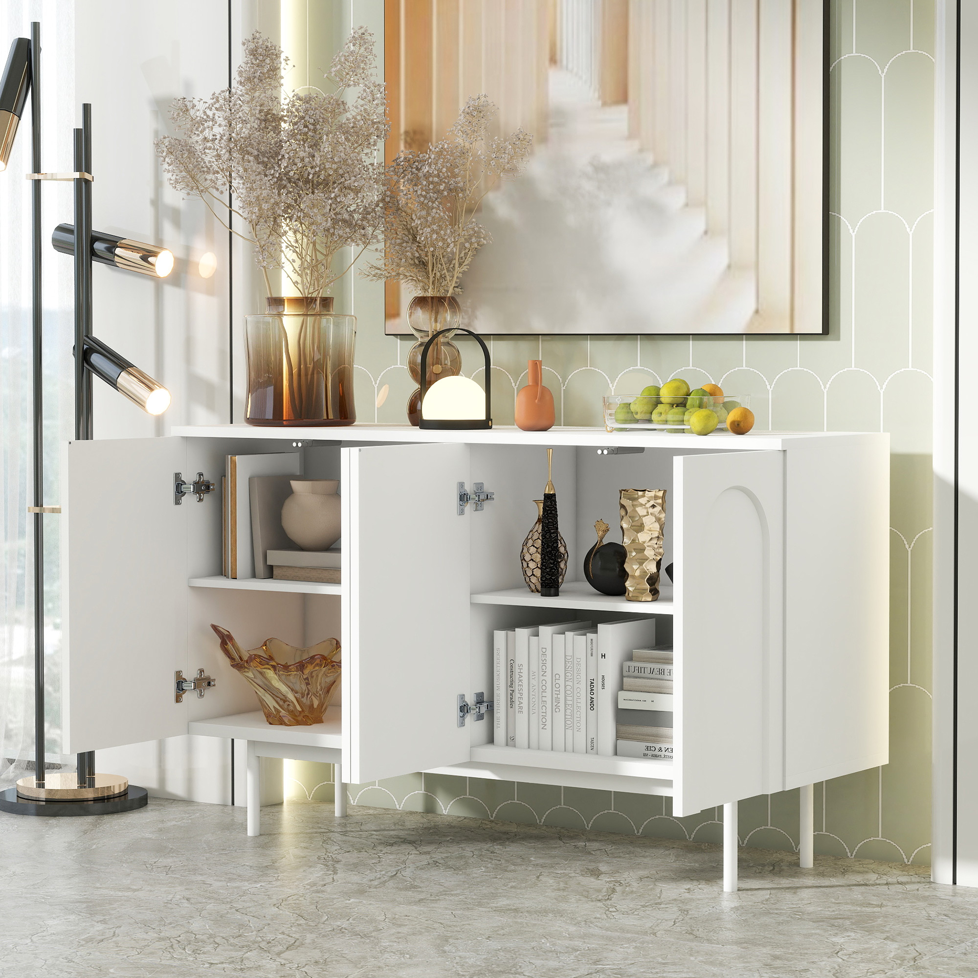 Buffet Bahut Moderne 120×35×71cm - OKWISH - 4 Portes, Espace de Rangement et Plateau Réglable - Blanc - Contemporain