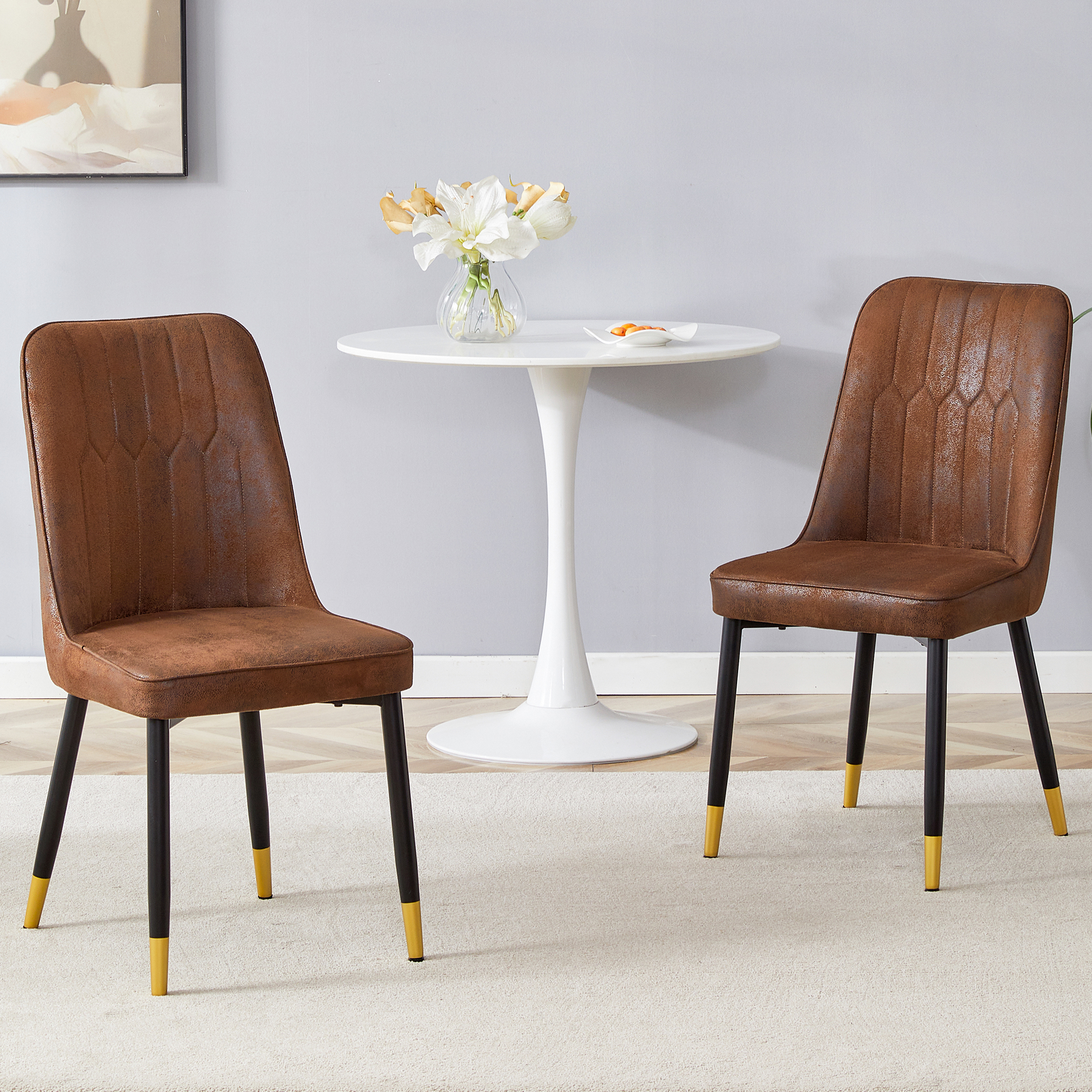 OKWISH Set of 2 Brown Dining Chairs with Metal Legs