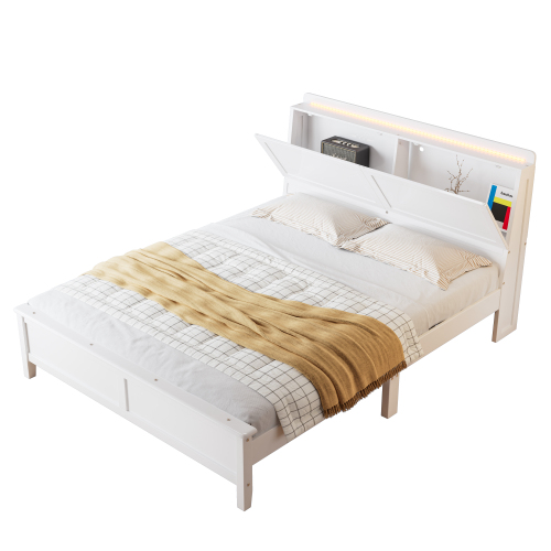 Doppelbett, Offenes Regal, Ablagefach mit herunterklappbarer Tür, Mit Umgebungslichtstreifen, Warmgelber Lichtstreifen, Flachbetten, Heranwachsende und Erwachsene, 140x200cm 