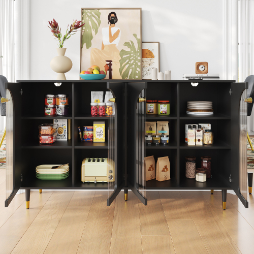 Modernes und schlichtes schwarzes Sideboard (140 x 40 x 85 cm), Changhong-Glastür-Design, mit dekorativen Metalldetails, viel Stauraum, geeignet für Esszimmer, Wohnzimmer oder Küche 