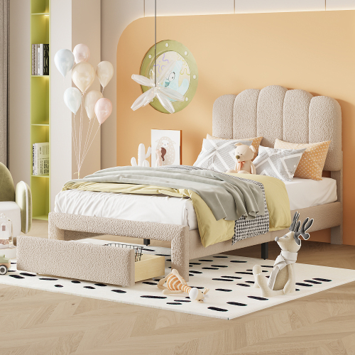 Polsterbett Kinderbett, hautfreundlicher Teddy-Stoff Bettrahmen mit Ablagefächern