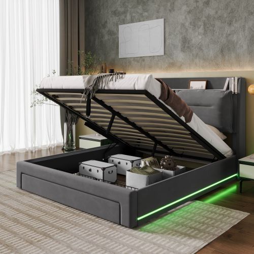 Mit LED-Licht gepolstertes hydraulisches Bett-OKWISH