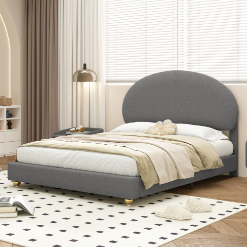 Teddy Samt Polsterbett 140*200, Doppelbett Polsterbett mit bogenförmigem Kopfteil und Lattenrost