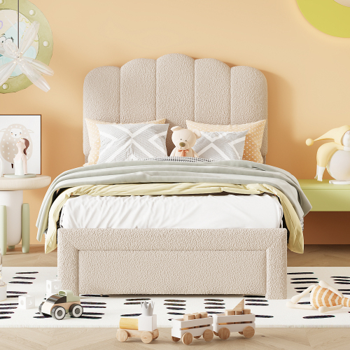 Polsterbett Kinderbett, hautfreundlicher Teddy-Stoff Bettrahmen mit Ablagefächern