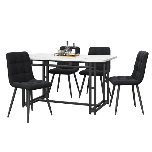 Schwarz Esstisch mit 4 Stühlen Set,Moderne Küche Esstisch Set, Schwarz Samt Esszimmerstühle