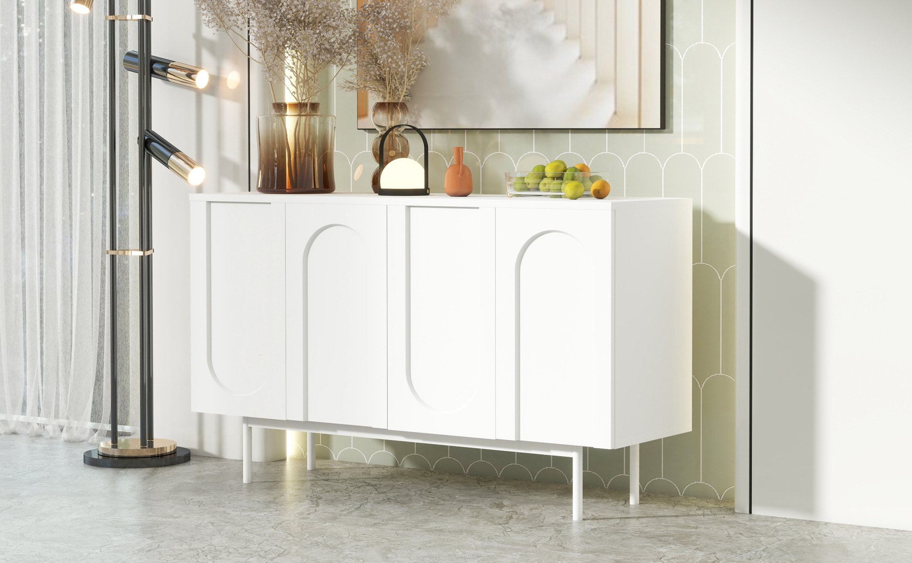 Buffet Bahut Moderne 120×35×71cm - OKWISH - 4 Portes, Espace de Rangement et Plateau Réglable - Blanc - Contemporain