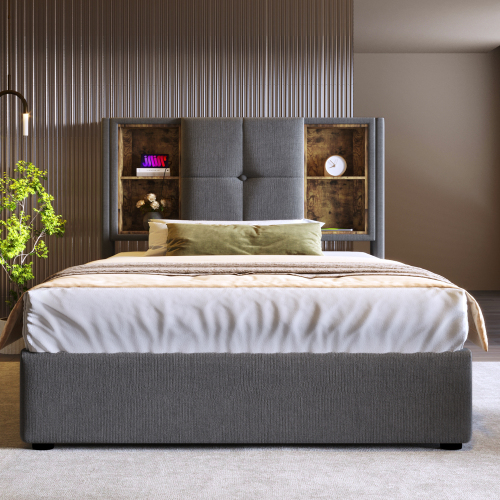 Doppelbett mit Kabellosem Laden USB , Bettgestell mit Stauraum Lattenrost aus Holz-Grau Baumwolle 