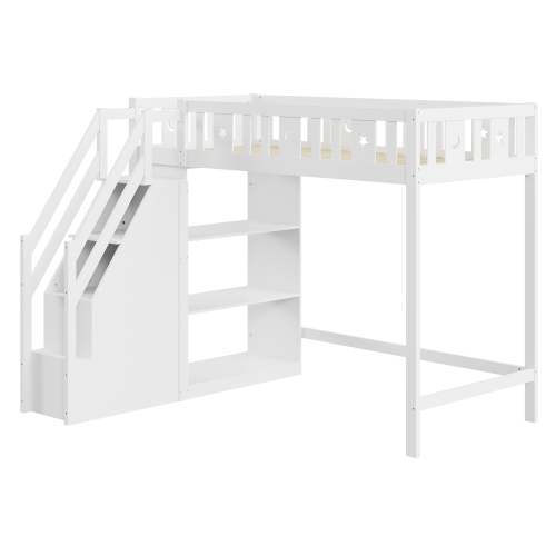 Hochbett, mit Stauraumleiter und Regalen, Einzelholzbett, Jugendbett, Kinderbett, Massivholzrahmen