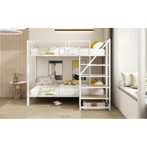 Etagenbett aus Eisen  Aufbewahrungstreppe, hohes Geländer, Doppelbett, Jugendbett, Kinderbett,