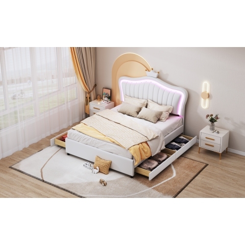 Einzelbettgestell aus PU-Leder mit Stauraumschubladen, LED-Leuchten, Lattenrost und Rückenlehne 