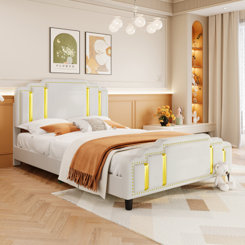 140*200cm Flachbett, gepolstertes Bett, Goldstreifen, leichter Luxus-Stil, minimalistisches Styling