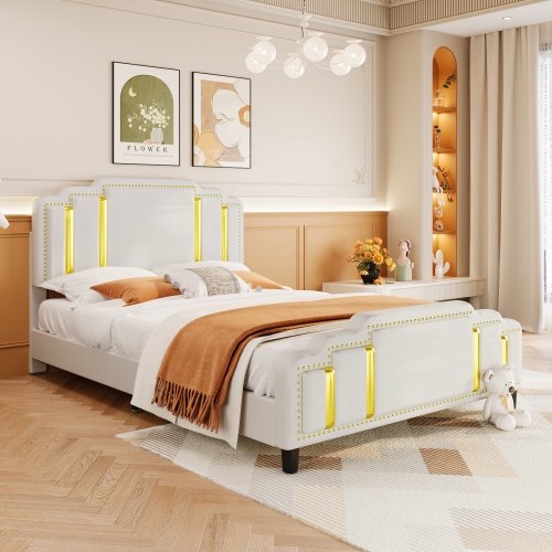 140*200cm Flachbett, gepolstertes Bett, Goldstreifen, leichter Luxus-Stil, minimalistisches Styling
