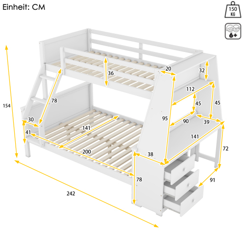 90*200cm140*200cm Etagenbett, Kinderbett, ausgestattet mit Tisch, großer Stauraum, hohes Geländer