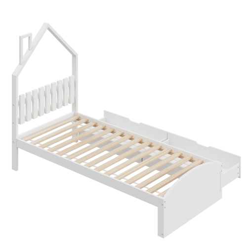 Holzbett 90*200 cm, Kopfteil in Form eines Hauses, mit eigenen Ablagefächern, Kinderbett, einzeln